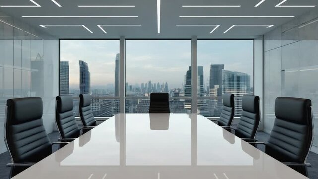 Sleek Boardroom with Cityscape View and Reflective Table well changes