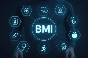 Fototapeta premium Person interacting with a digital BMI calculation interface surrounded by health icons Body Mass Index