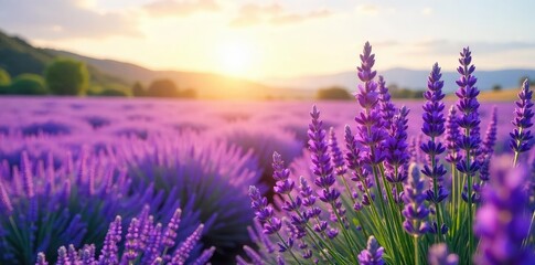 Fototapeta premium Vast field of purple lavender blossoms swaying gently in the breeze, bathed in soft sunlight A picturesque scene of tranquil beauty and natural fragrance , rural, France