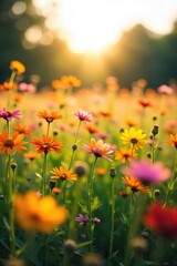 Vibrant abstract field of wildflowers swaying gently in a summer breeze, bathed in golden sunlight Perfect for nature, travel, and environmental themes , grass, growth, background