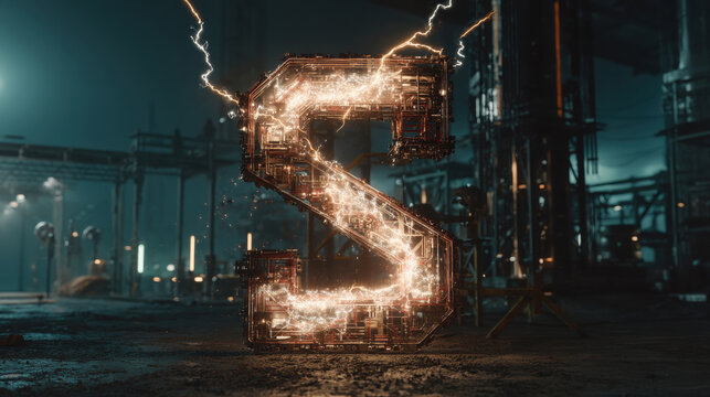 Electric and Futuristic 3D Illustration counter counting down from ten to zero. Big Numbers with fog and cloud. Number 5, S