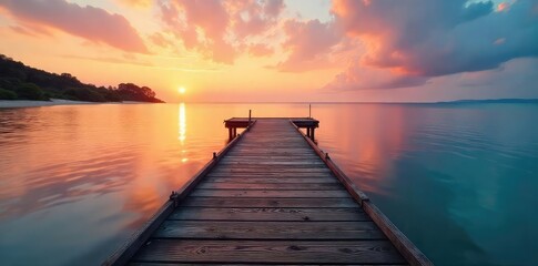 Obraz premium Tranquil scene of a wooden dock extending into calm waters, reaching a peaceful shoreline at sunset Perfect for travel, nature, and relaxation themes , river, waves, calm