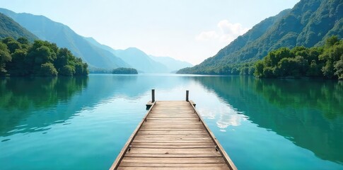 Obraz premium Tranquil scene of a small dock extending into a calm lake, surrounded by lush green islands Perfect for travel, nature, and serenity themes , island, waterfront, waterway