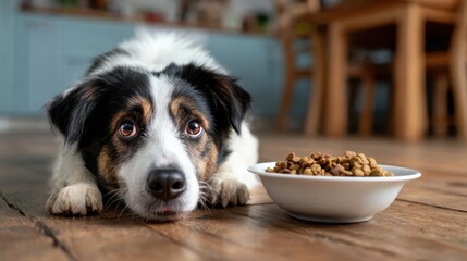 A fluffy dog looks longingly at a bowl of pet food, showcasing its eagerness and the warm atmosphere of a well-kept home with rustic wooden flooring.