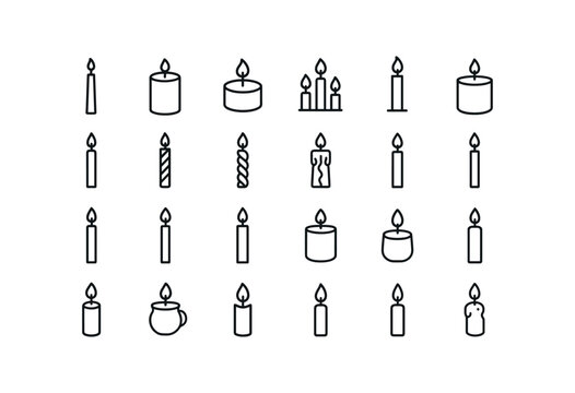 vector outline icons Candles (Types) taper candle pillar candle votive candle tea light advent candle scented candle plain candle twisted candle spiral candle carved candle tall candle.