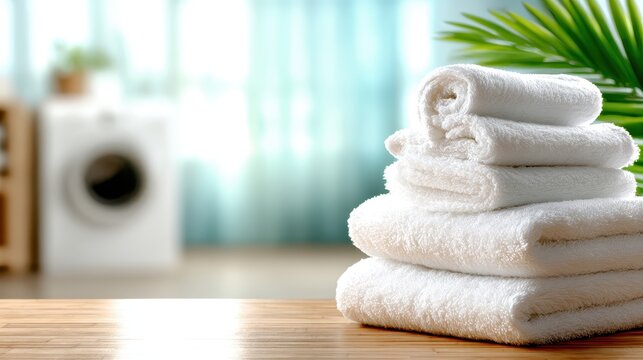 Fluffy white towels are neatly piled in a cozy laundry room, symbolizing cleanliness and comfort, adding a refreshing and serene ambiance to an inviting home environment.