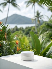 Obraz premium White container with a blue lid sits on a white table