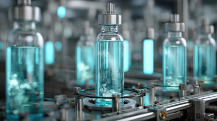 medically accurate, photorealistic image of a medical vial production line. Medical solutions in bottles standing in warehouse.