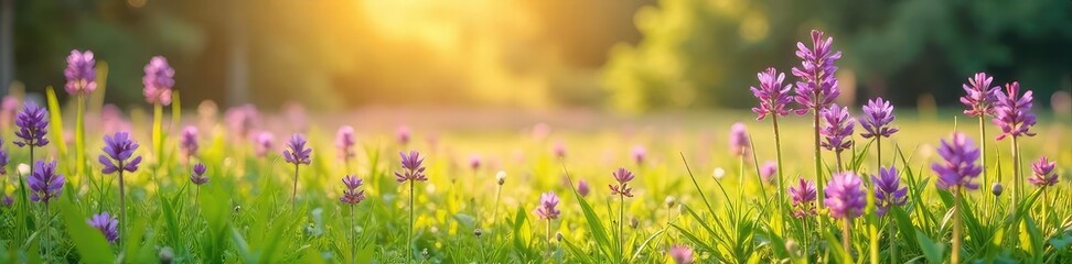 Fototapeta premium Vibrant purple wildflowers in a lush meadow, bathed in sunlight A stunning display of nature's beauty, perfect for spring or summer themes , purple flowers, color