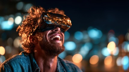 A man with curly hair is wearing a VR headset and laughing joyfully, immersed in a virtual world, with a vibrant city skyline in the background, showcasing modern technology.