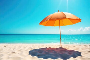 Vibrant beach umbrella providing shade on a sunny day, casting a cool shadow on the sand Perfect for summer vacation and relaxation themes , uv, bright, leisure