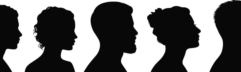 Human head silhouettes, male and female profiles, side view faces, black shadow illustration, people outline vector, hairstyle variety, isolated portrait design, profile diversity