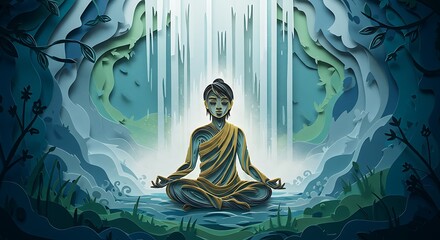 Meditating figure under waterfall illustration