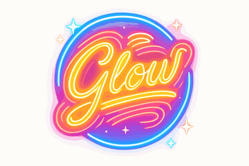 Glow retro neon lettering luminous decorative strokes surrounded by sparkles circular frame composition clean white background vector look high contrast.