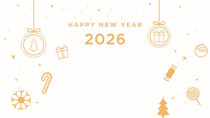 Simple and elegant Happy New Year 2026 design featuring golden festive icons on a white background