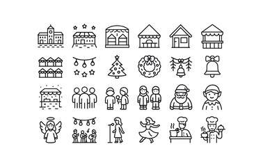 vector outline icons Christmas Markets (Scenes) market square market street market hall market tent market shop market booth market row market lights market tree market wreath market.