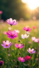 Obraz premium Vibrant cosmos flowers in a field, bathed in soft sunlight Delicate petals in shades of pink, white, and purple sway gently in the breeze A picturesque summer scene , pink, petals, flowers