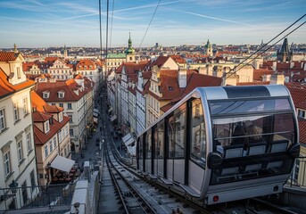 Photo of a funicular ascends through a charming european city, offering a unique perspective of the redtiled rooftops and historic architecture
