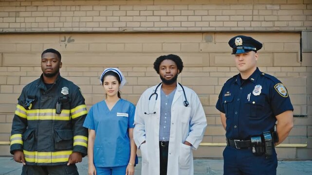 Video of a nurse, police officer, doctor and firefighter.  Frontline workers.