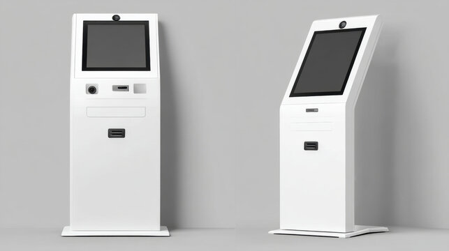 Mockup White Metal Kiosk, Automated Teller Machine, Payment Terminal, Advertising Stand Isolated On White Background. 3D Mock Up, Template.
