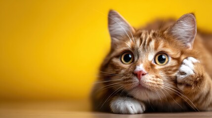 Obraz premium An adorable ginger cat resting on a vibrant yellow background, exuding curiosity and playfulness, perfect for animal lovers and those who appreciate pet photography.