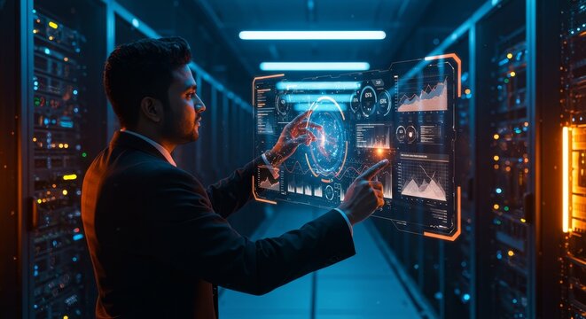 Analyzing digital data patterns in a futuristic cyber world with neon lights