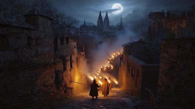 People with fire torches in the Middle Ages.