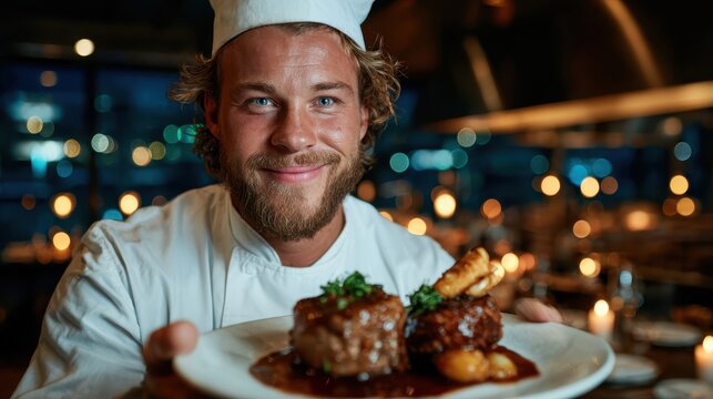A skilled chef proudly showcases a beautifully plated gourmet dish featuring tender meat, accompanied by delicious sides, highlighting culinary excellence and passion.