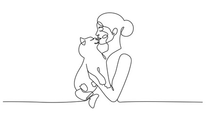 Woman with Cat Continuous Line Drawing. Woman and Cat Black Lines Drawing on White Background. Cute Pet with Cute Girl Minimalist Vector Illustration. 