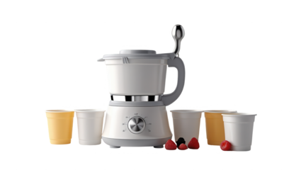 Modern, stylish, and functional kitchen appliance, a white and gray food processor, presented with coordinating disposable cups, perfect for smoothies or other nutritious drinks.