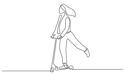Woman on Scooter One Line Drawing. Active Lifestyle Abstract Minimal Line Drawing. Urban Transport Continuous Line Illustration. Female on Scooter Modern Trendy Contour Drawing. Vector EPS 10.