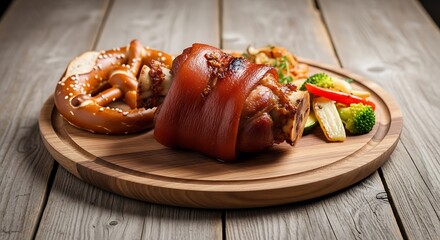 Roasted Pork Knuckle with Pretzels and Vegetables.