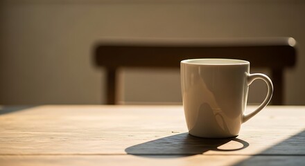 White Mug on Wooden Table in Sunlight.