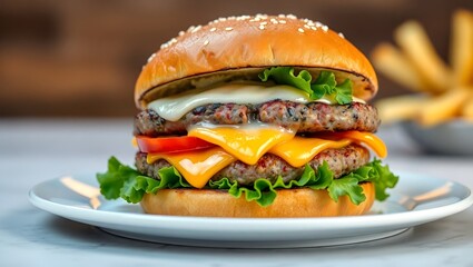 Gourmet Cheeseburger with Double Patties for Food Ads, Website Banners, and Posters