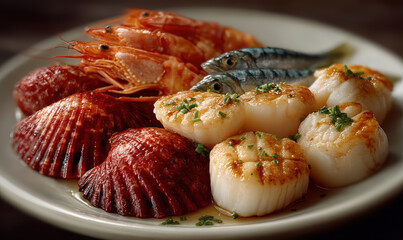 Seafood assortment arranged in a crescent shape on plate — scallops, shrimp, clams, salmon, mussels