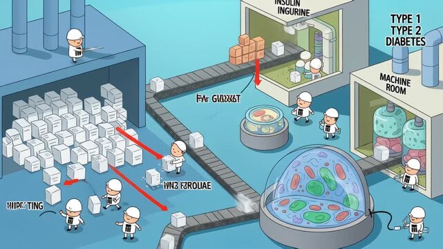 A conceptual cartoon showing how diabetes disrupts glucose processing, depicted as a malfunctioning factory with glitching text and effects