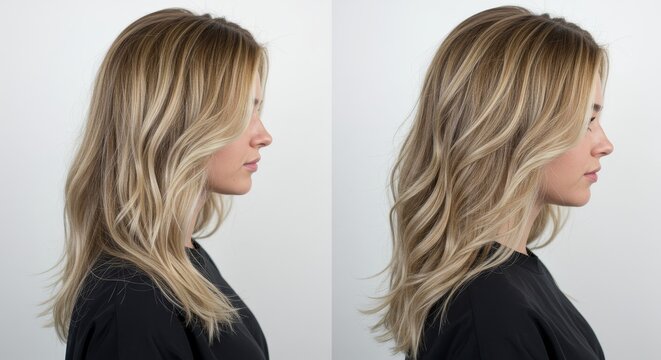 Profile portrait of woman with stylish blonde balayage hairstyle and elegance