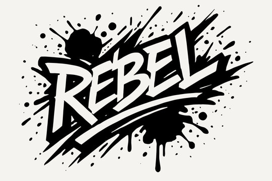 Rebel graffiti streetstyle bold edgy strokes surrounded by splashes diagonal decorative composition clean white background vector look high contrast.