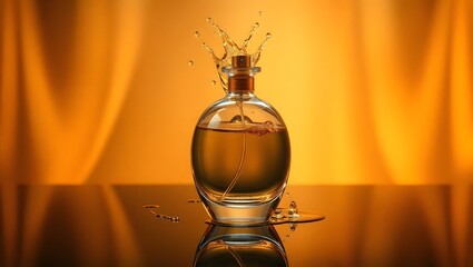 Luxury Glass Perfume Bottle with Golden Liquid Splash for Product Ads, Banners, and Posters