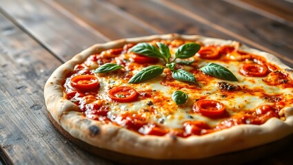 Ultra Realistic Pizza with Cherry Tomatoes and Basil on Rustic Table for Posters and Banners