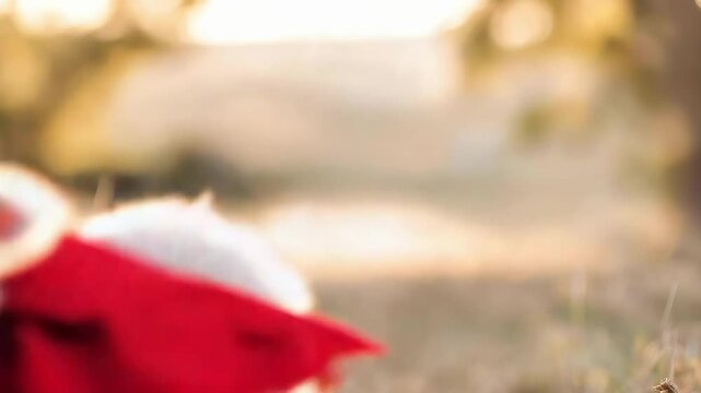 A lamb wearing a red cape and small red devil horns standing in a sunlit field.