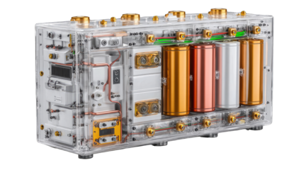 Transparent electronics box with internal components and batteries