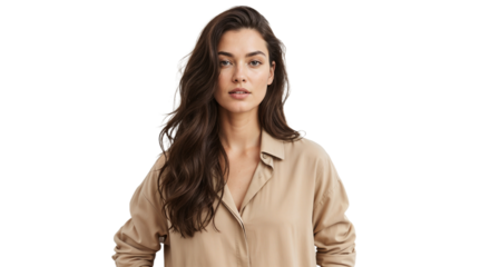 Woman with long dark hair poses confidently in a beige outfit against a white background during a studio session