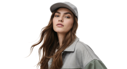 Young woman poses confidently in a casual gray outfit with a cap in minimalistic white background