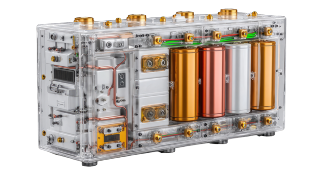 Transparent electronics box with internal components and batteries