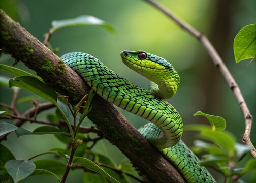 green snake in the tree - Powered by Adobe