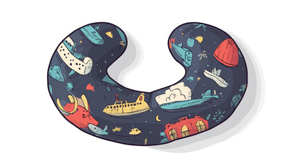 A top-down studio shot of a U-shaped neck pillow. The pillow is dark blue with a pattern of colorful cartoon illustrations of various modes of transportation including airplanes, ships