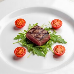 Grilled Steak with Cherry Tomatoes and Arugula.