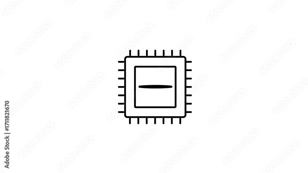 Poster black outline icon of a computer processor chip with pins on white background keywords: processor, c