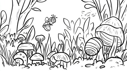 Forest scene with mushrooms and bee